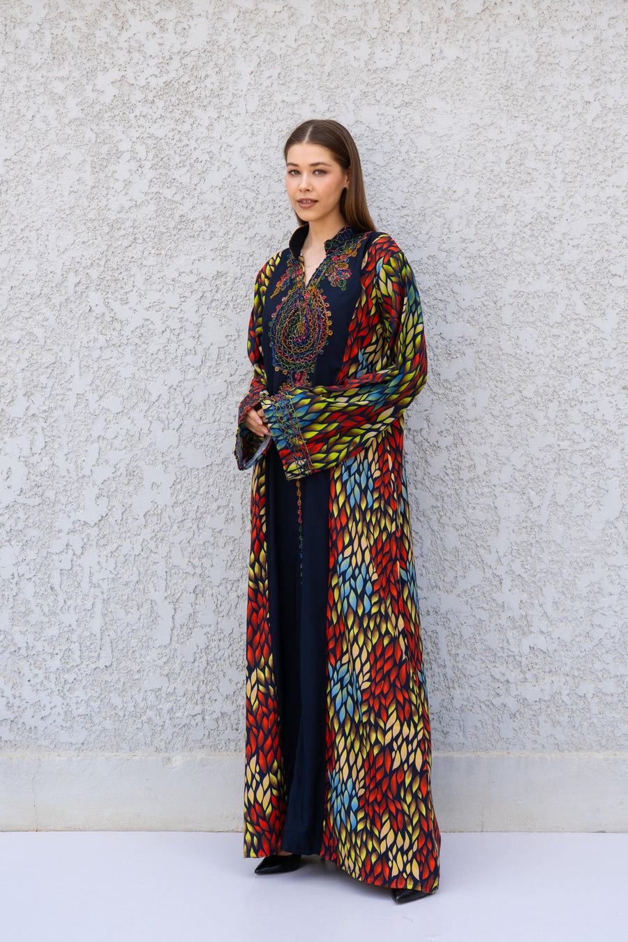 Colorful Statement Hand Embroidered Caftan Dress – Cotton Blend Caftan with Printed Sleeves – Festival Kaftan for Women – Boho Caftans