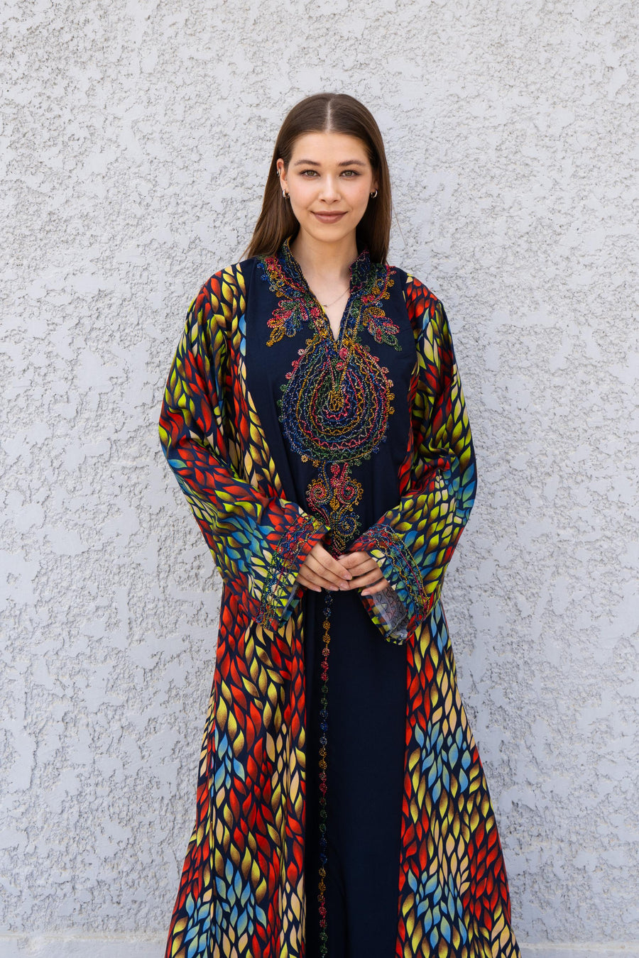 Colorful Statement Hand Embroidered Caftan Dress – Cotton Blend Caftan with Printed Sleeves – Festival Kaftan for Women – Boho Caftans