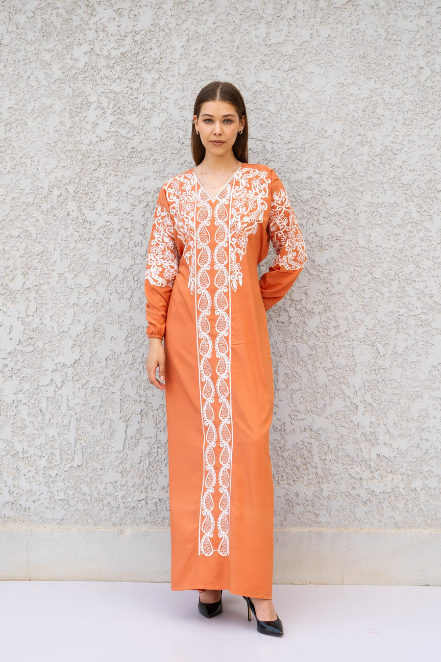 Embroidered Orange Kaftan Dress – Cotton Blend Caftan for Women – Long Sleeve Wedding Guest Maxi Dress – Elegant Occasion Caftan Dress