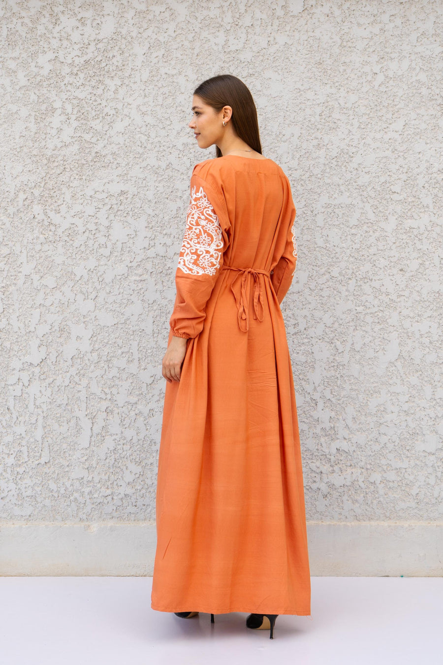 Embroidered Orange Kaftan Dress – Cotton Blend Caftan for Women – Long Sleeve Wedding Guest Maxi Dress – Elegant Occasion Caftan Dress