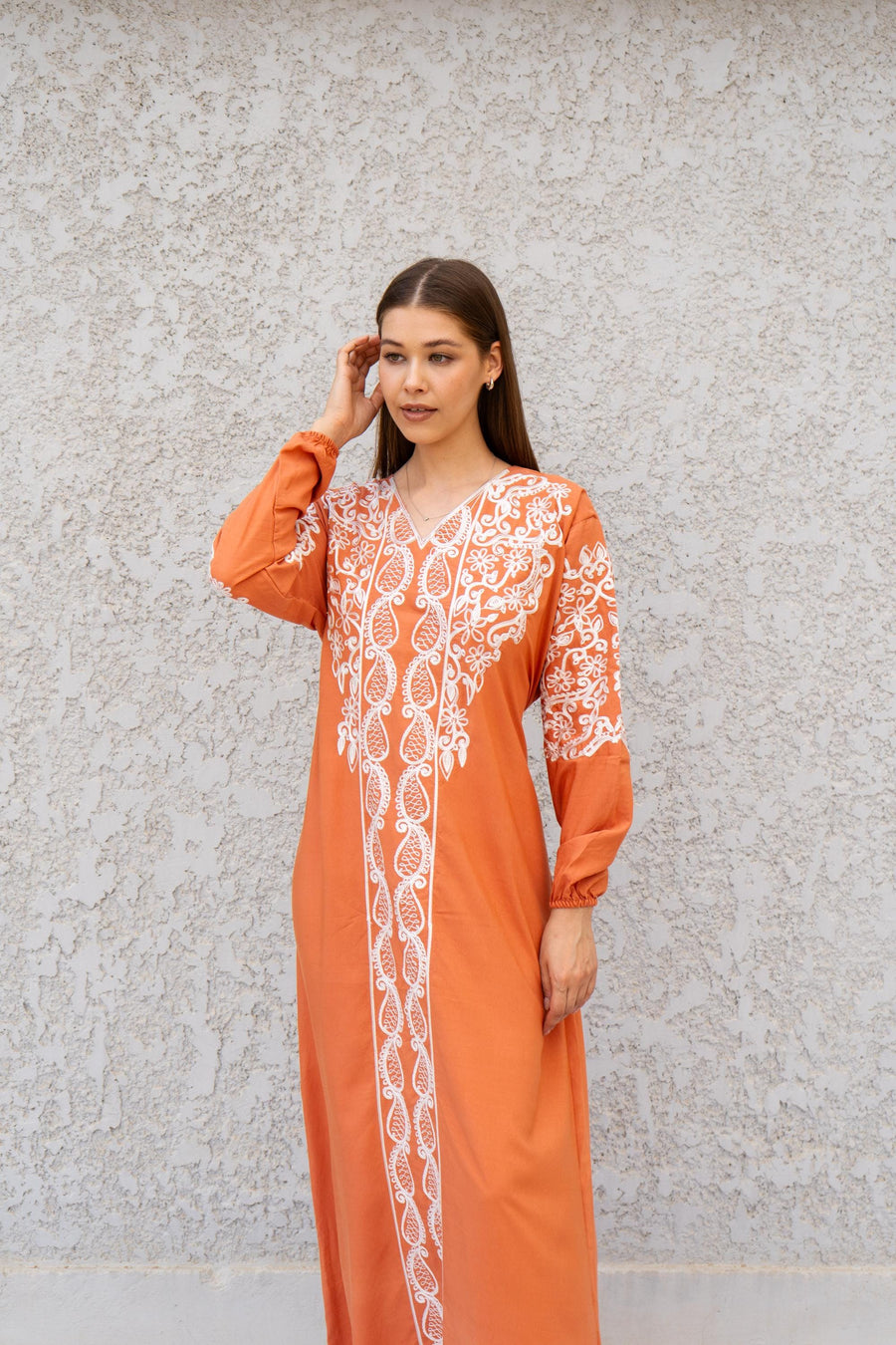 Embroidered Orange Kaftan Dress – Cotton Blend Caftan for Women – Long – Gipci