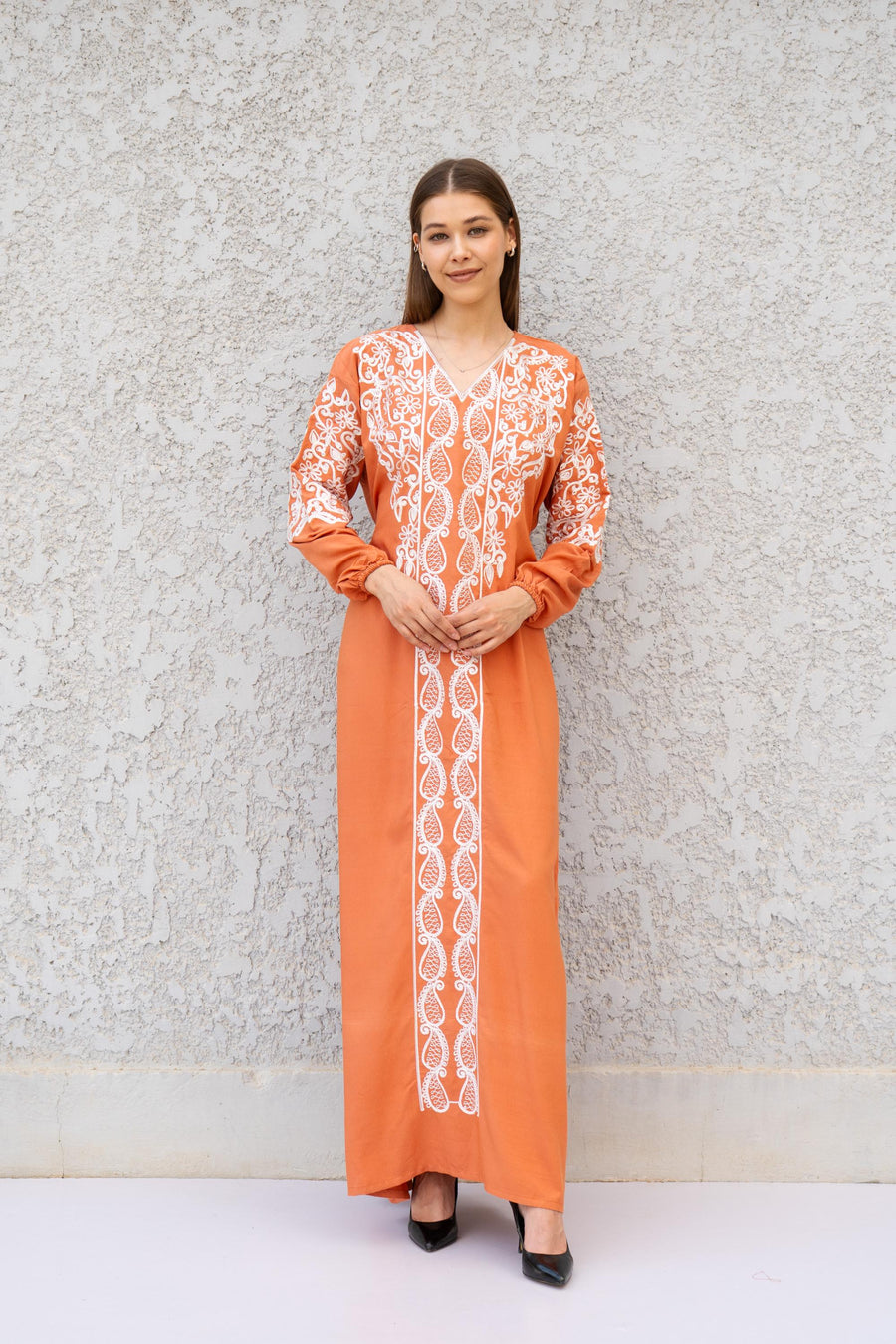 Embroidered Orange Kaftan Dress – Cotton Blend Caftan for Women – Long Sleeve Wedding Guest Maxi Dress – Elegant Occasion Caftan Dress