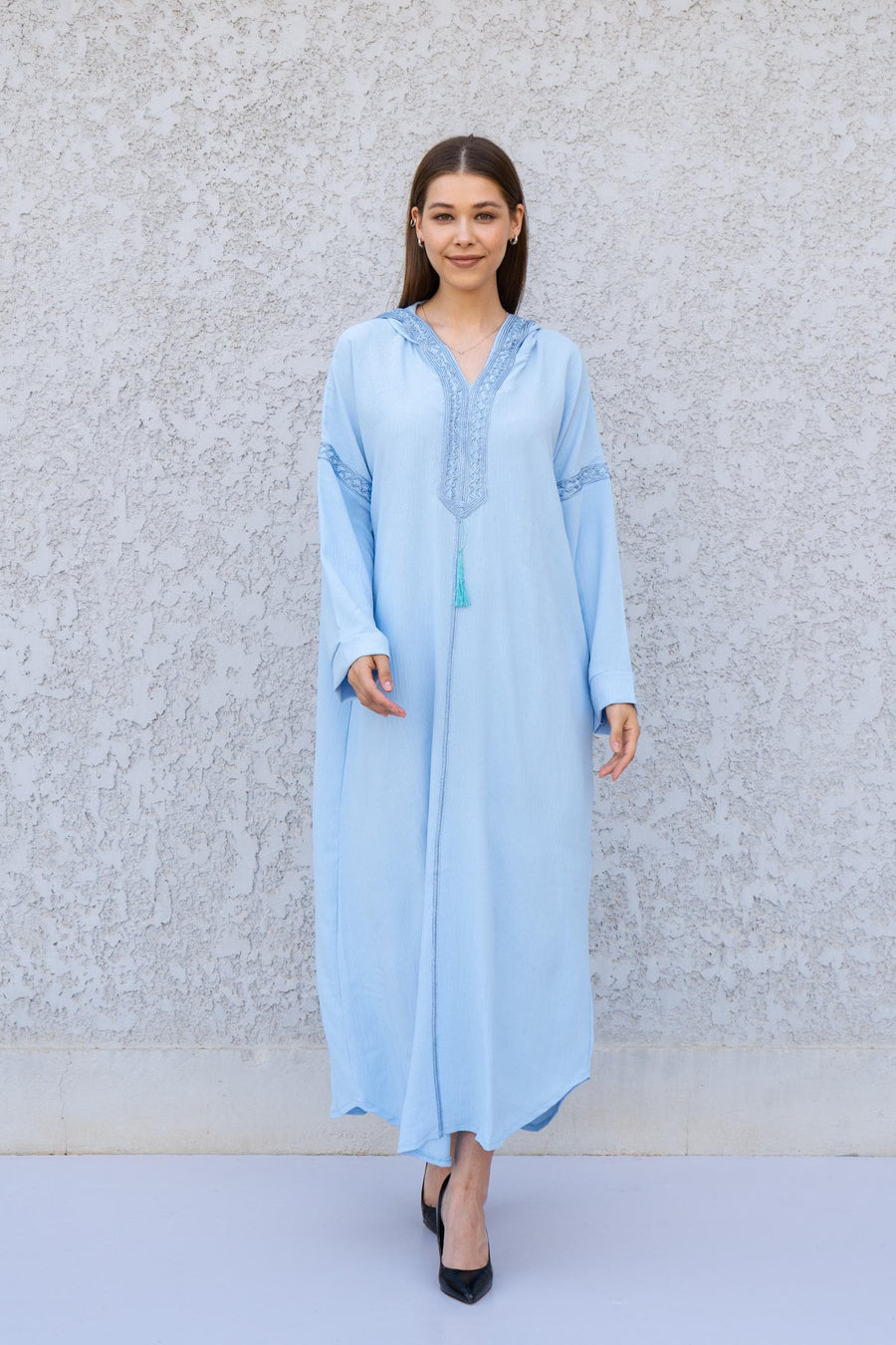 Light Blue Hooded Kaftan Dress – Hand Embroidered Linen-Look Caftan for Women – Flowy Maxi Dress – Boho Moroccan Caftan – Resort Wear