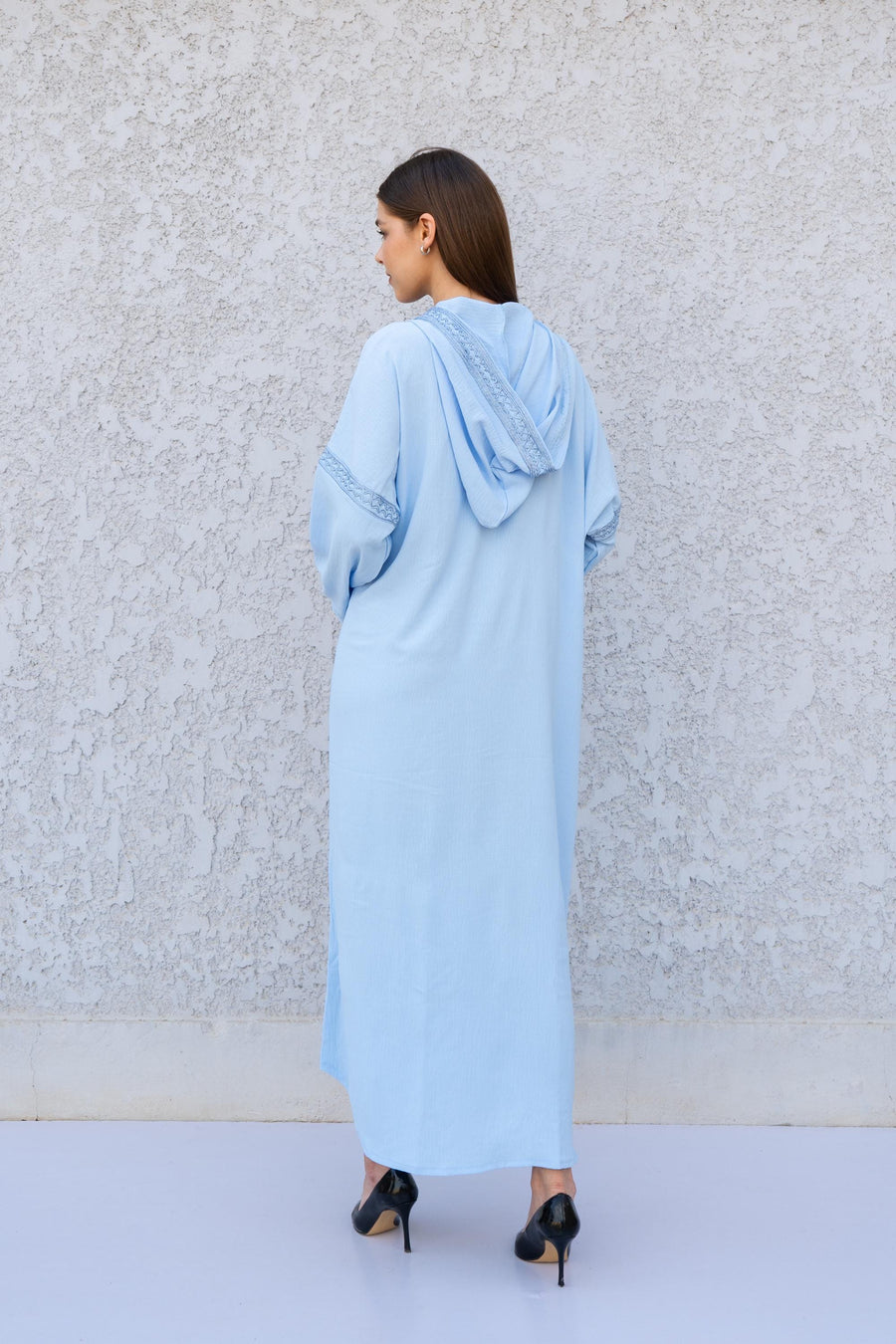 Light Blue Hooded Kaftan Dress – Hand Embroidered Linen-Look Caftan for Women – Flowy Maxi Dress – Boho Moroccan Caftan – Resort Wear