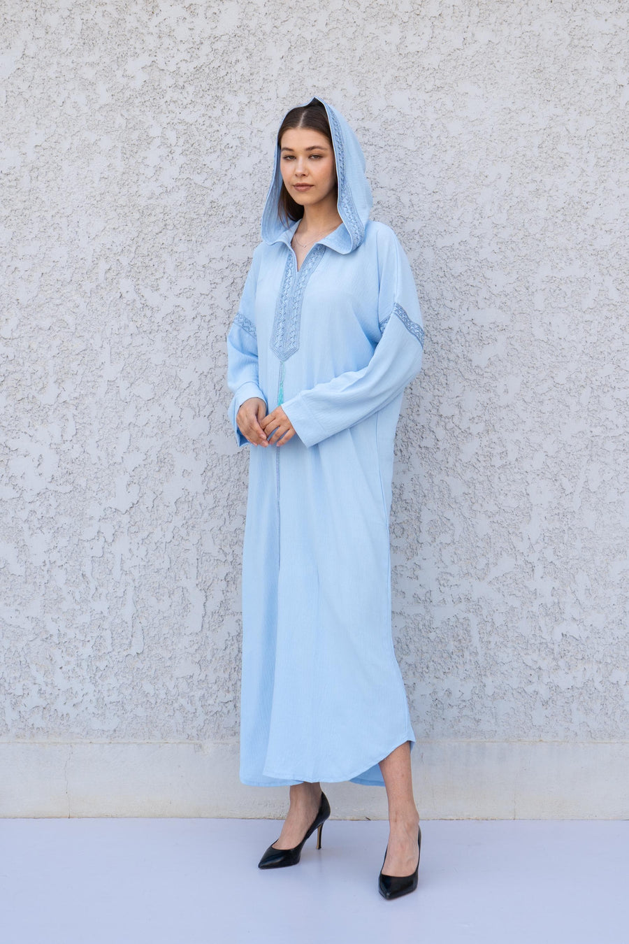 Light Blue Hooded Kaftan Dress – Hand Embroidered Linen-Look Caftan for Women – Flowy Maxi Dress – Boho Moroccan Caftan – Resort Wear