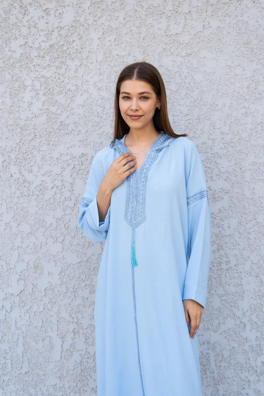 Light Blue Hooded Kaftan Dress – Hand Embroidered Linen-Look Caftan for Women – Flowy Maxi Dress – Boho Moroccan Caftan – Resort Wear