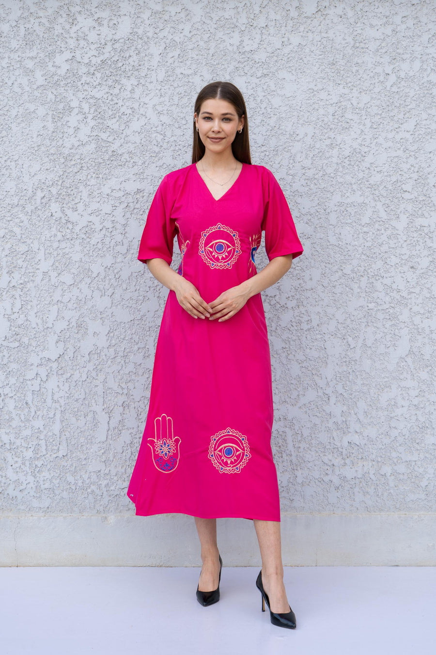 Fuchsia Kaftan Dress with Hamsa & Evil Eye Embroidery – Cotton Blend Caftan for Women – Back Tie Midi Dress – Boho Lounge Wear Kaftan