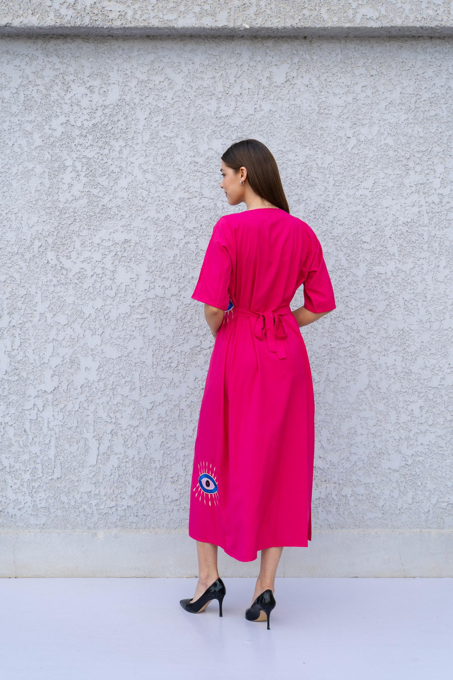 Fuchsia Kaftan Dress with Hamsa & Evil Eye Embroidery – Cotton Blend Caftan for Women – Back Tie Midi Dress – Boho Lounge Wear Kaftan