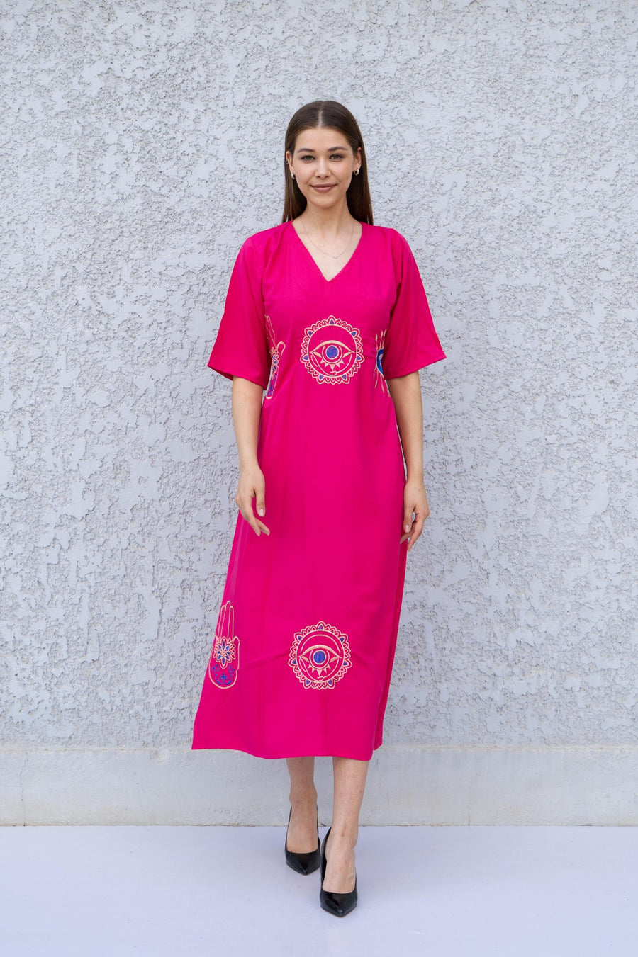 Fuchsia Kaftan Dress with Hamsa & Evil Eye Embroidery – Cotton Blend Caftan for Women – Back Tie Midi Dress – Boho Lounge Wear Kaftan