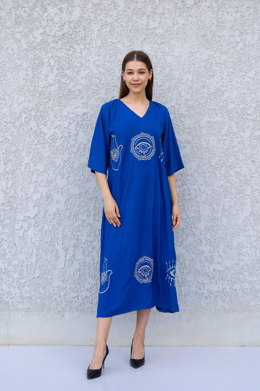 Blue Kaftan Dress with Hamsa & Evil Eye Embroidery – Cotton Blend Caftan for Women – Back Tie Midi Dress – Boho Lounge Wear Kaftan