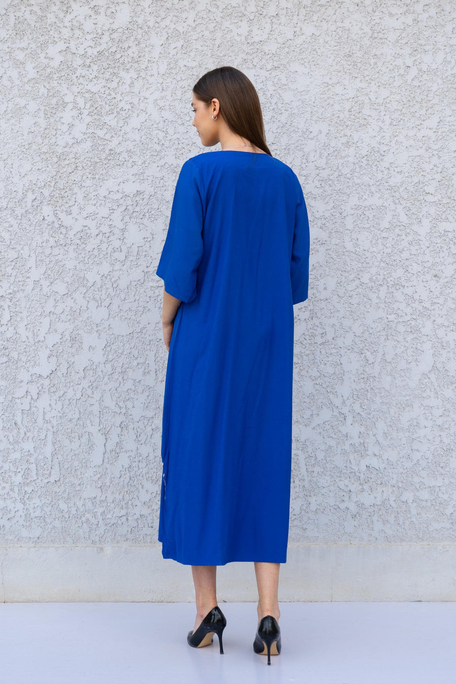 Blue Kaftan Dress with Hamsa & Evil Eye Embroidery – Cotton Blend Caftan for Women – Back Tie Midi Dress – Boho Lounge Wear Kaftan