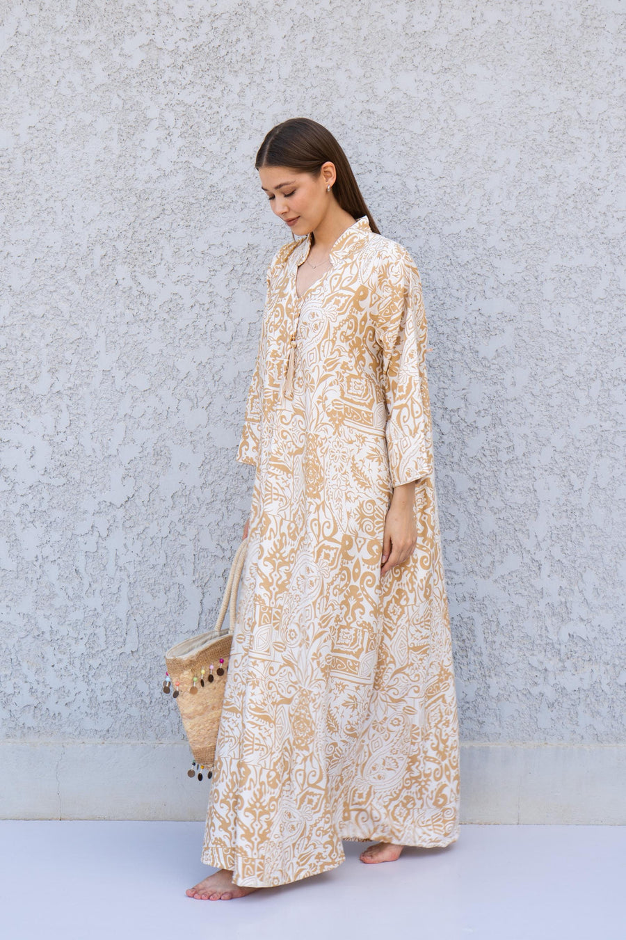 Mustard Printed Kaftan Dress – Lightweight Maxi Caftan for Women – Resort Wear Caftan – Boho Vacation Dress – Flowy Summer Caftans