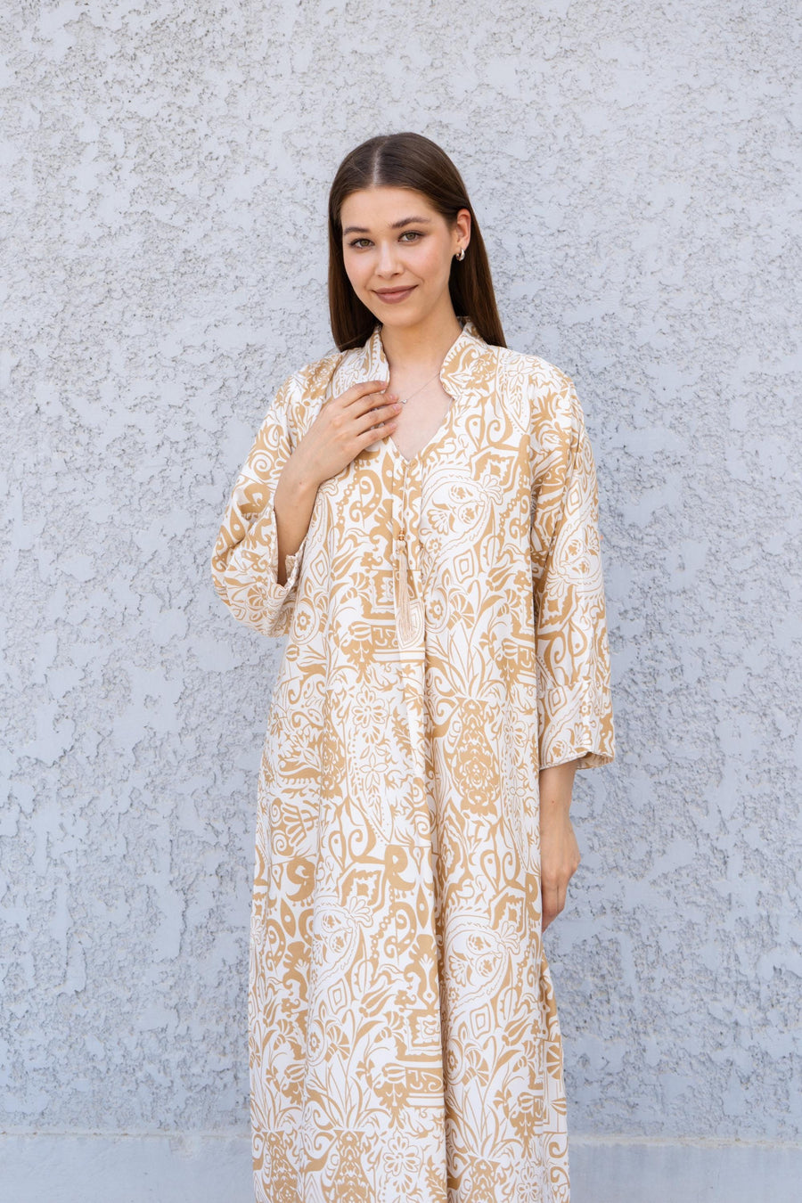 Mustard Printed Kaftan Dress – Lightweight Maxi Caftan for Women – Resort Wear Caftan – Boho Vacation Dress – Flowy Summer Caftans