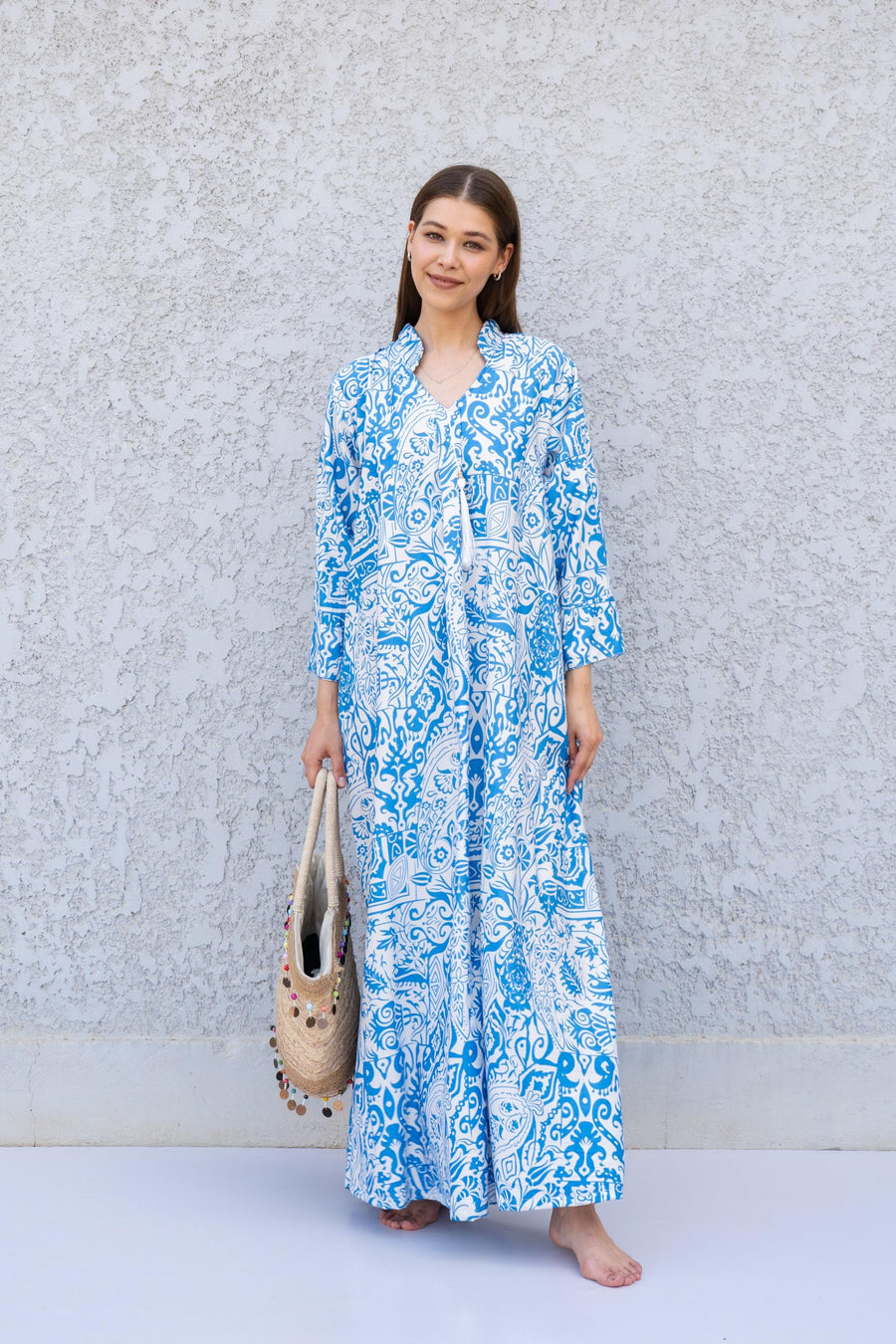 Blue Printed Kaftan Dress – Lightweight Maxi Caftan for Women – Resort Wear Caftan – Boho Vacation Dress – Flowy Summer Caftans