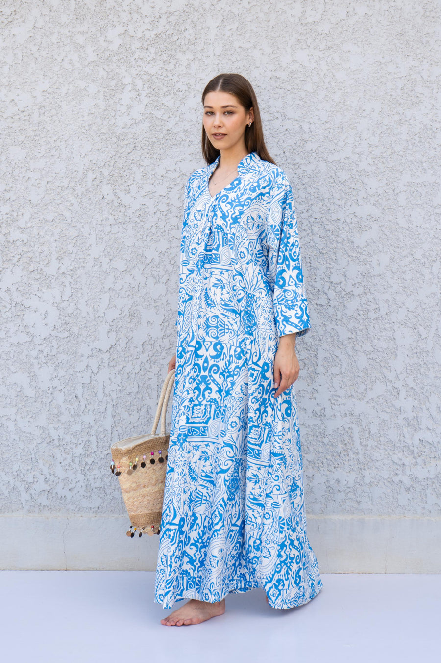 Blue Printed Kaftan Dress – Lightweight Maxi Caftan for Women – Resort Wear Caftan – Boho Vacation Dress – Flowy Summer Caftans