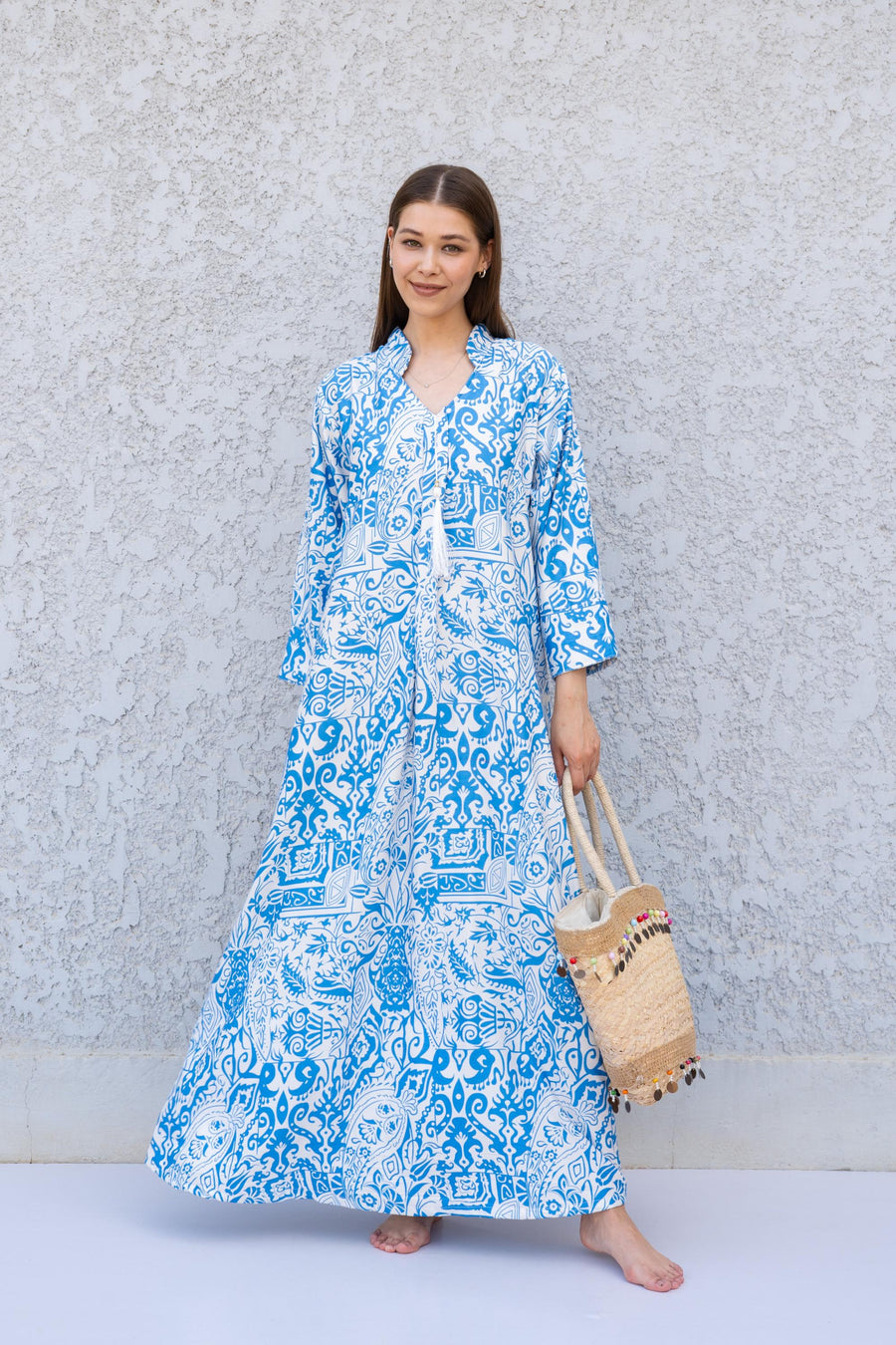 Blue Printed Kaftan Dress – Lightweight Maxi Caftan for Women – Resort Wear Caftan – Boho Vacation Dress – Flowy Summer Caftans