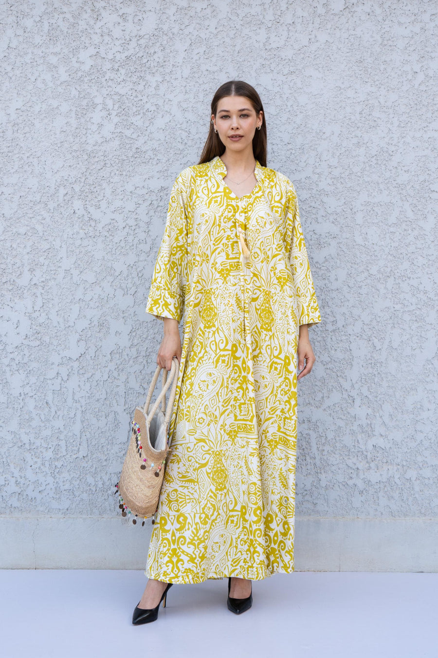 Yellow Printed Kaftan Dress – Lightweight Maxi Caftan for Women – Resort Wear Caftan – Boho Vacation Dress – Flowy Summer Caftans
