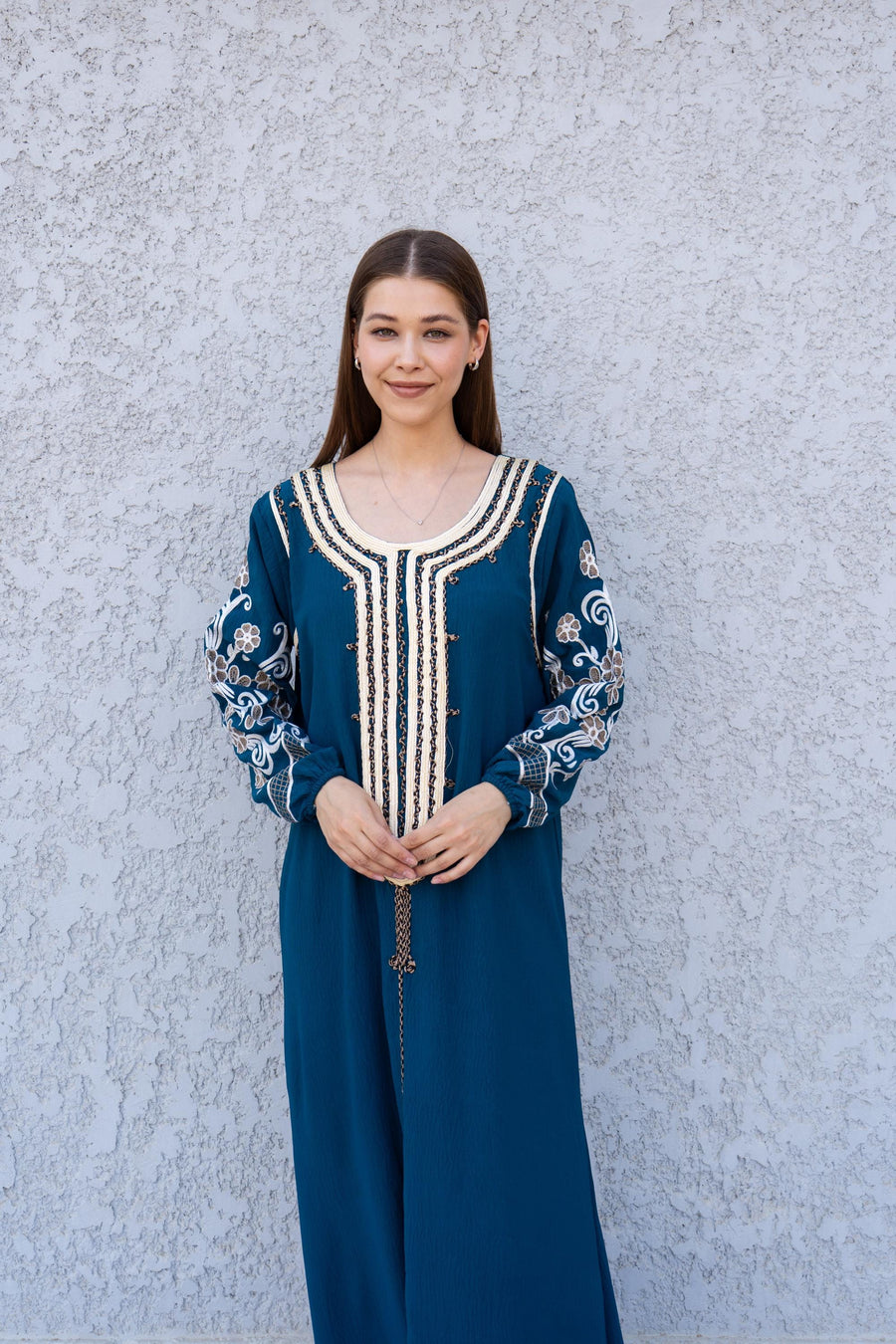 Teal Embroidered Kaftan Dress – Linen-Look Caftan for Women – Long Sleeve Maxi Dress – Lightweight Boho Style – Elegant Moroccan Dress