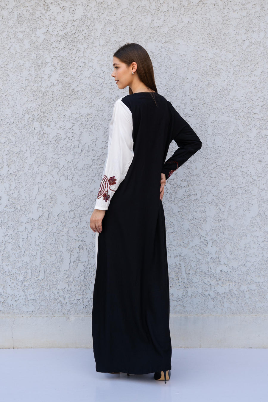 Black and White Hand Embroidered Kaftan – Cotton Blend Caftan for Women – Long Sleeve Maxi Dress – Two-Tone Boho Caftans – Egyptian Kaftan