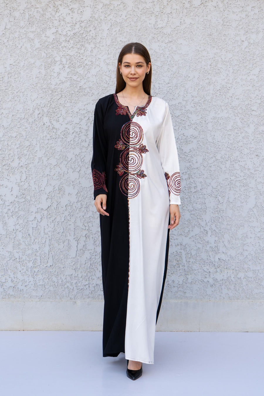 Black and White Hand Embroidered Kaftan – Cotton Blend Caftan for Women – Long Sleeve Maxi Dress – Two-Tone Boho Caftans – Egyptian Kaftan