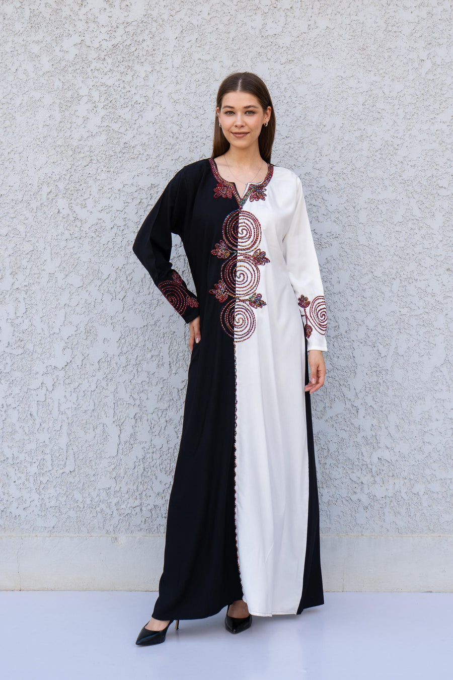 Black and White Hand Embroidered Kaftan – Cotton Blend Caftan for Women – Long Sleeve Maxi Dress – Two-Tone Boho Caftans – Egyptian Kaftan