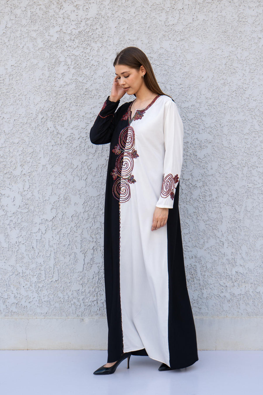Black and White Hand Embroidered Kaftan – Cotton Blend Caftan for Women – Long Sleeve Maxi Dress – Two-Tone Boho Caftans – Egyptian Kaftan