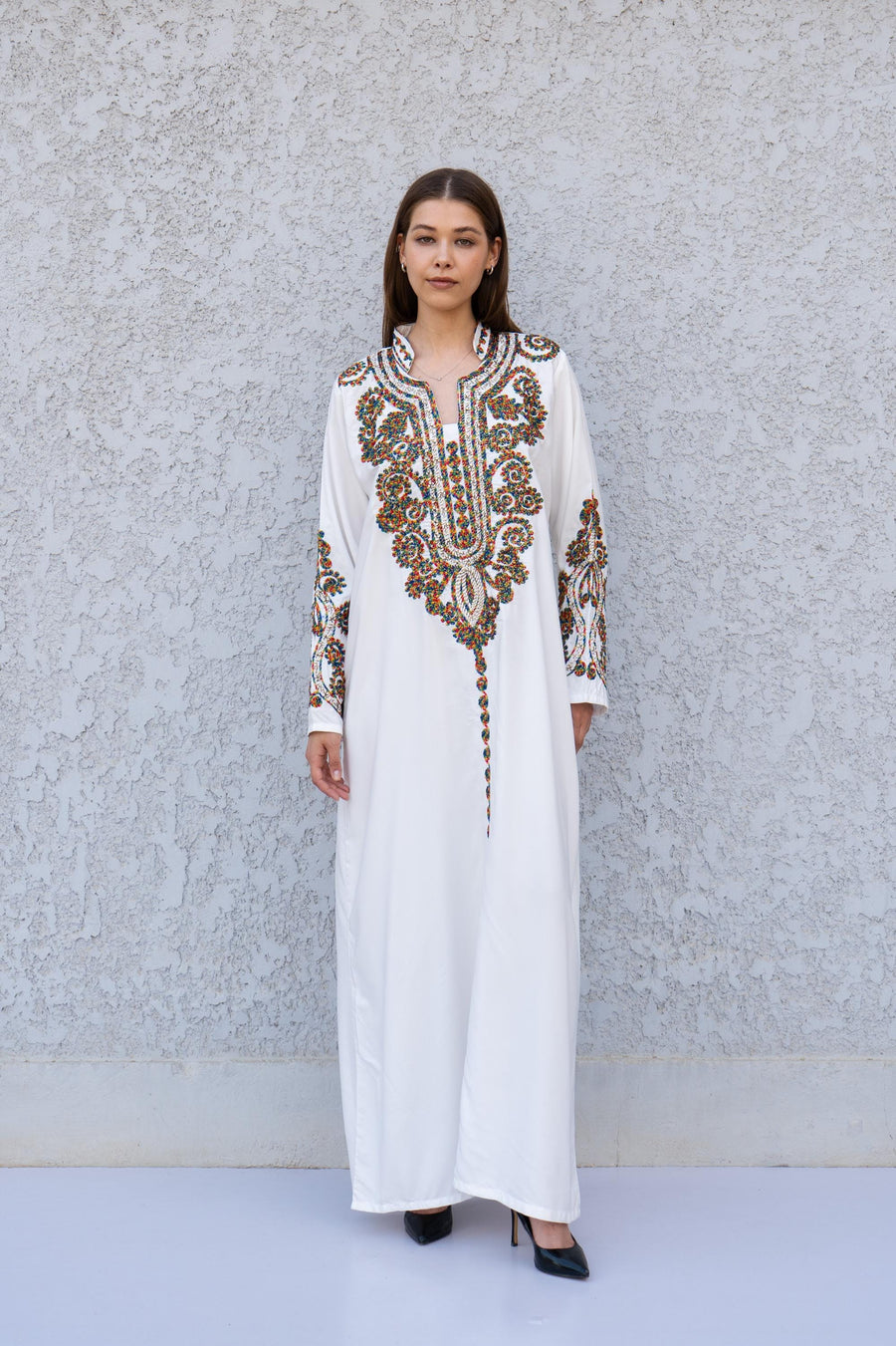 White Hand Embroidered Kaftan Dress – Cotton Blend Caftan for Women – Long Sleeve Maxi Dress – Boho Ethnic Caftans – Moroccan Style Dress
