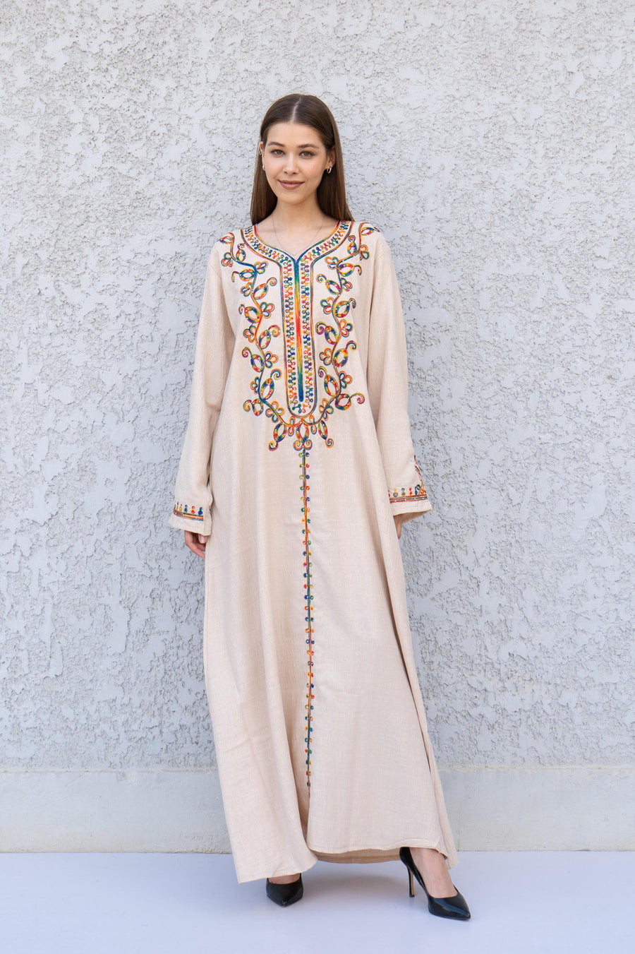 Beige Embroidered Kaftan Dress – Linen Blend Caftan for Women – Long Sleeve Maxi Dress – Boho Moroccan Style Caftans – Lightweight Caftan