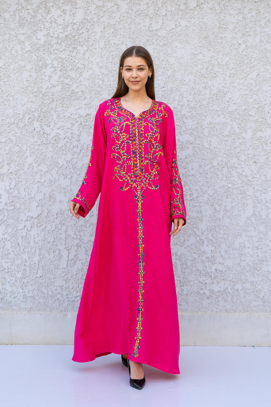 Fuchsia Embroidered Kaftan Dress – Linen Blend Caftan for Women – Long Sleeve Maxi Dress – Boho Moroccan Style Caftans – Lightweight Kaftan