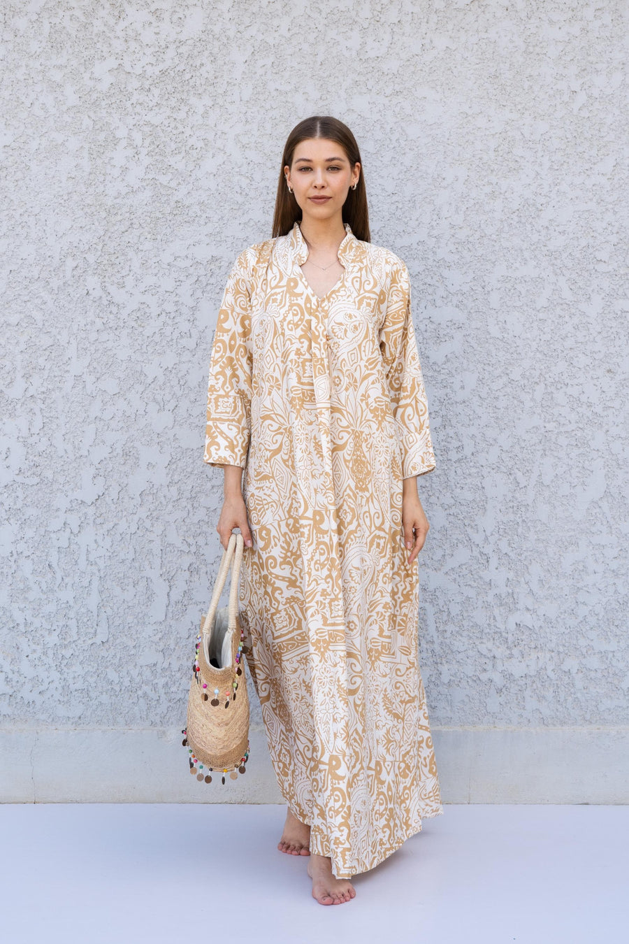 Mustard Printed Kaftan Dress – Lightweight Maxi Caftan for Women – Resort Wear Caftan – Boho Vacation Dress – Flowy Summer Caftans