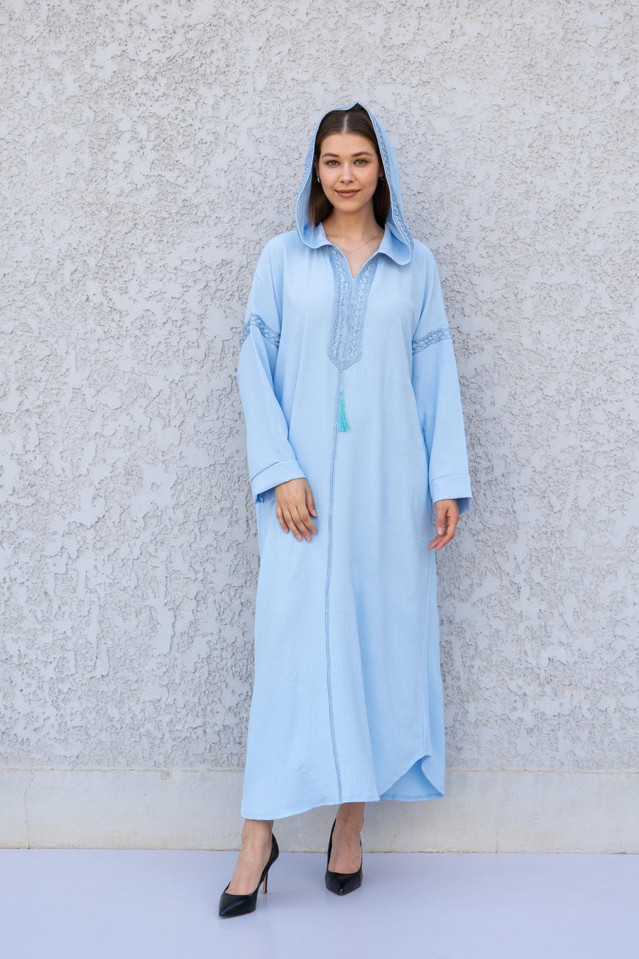 Light Blue Hooded Kaftan Dress – Hand Embroidered Linen-Look Caftan for Women – Flowy Maxi Dress – Boho Moroccan Caftan – Resort Wear