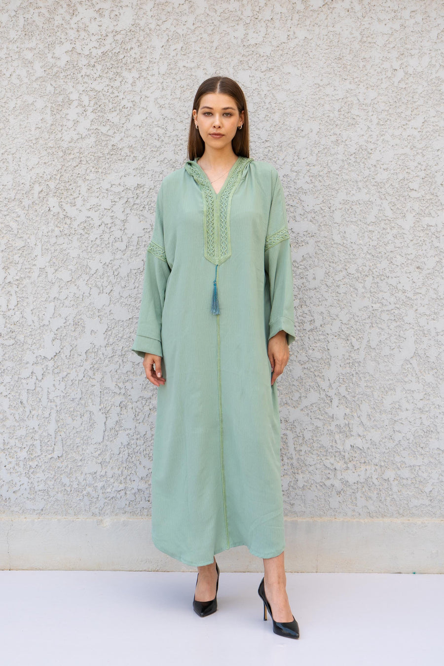 Chic Turquoise Turquoise Hooded Kaftan Dress – Hand Embroidered Linen-Look Caftan for Women – Flowy Caftan – Boho Moroccan Caftan