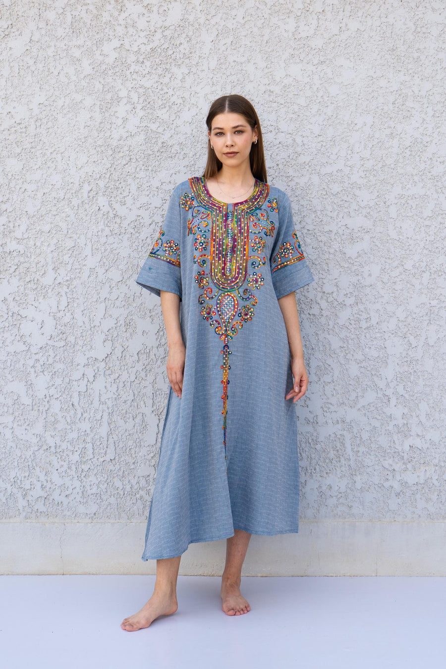 Blue Linen Kaftan Dress with Sequins – Embroidered Caftan for Women – Short Sleeve Maxi Dress – Lightweight Summer Caftans – Lounge Wear