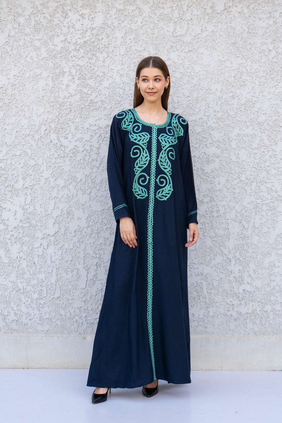Navy Kaftan Dress with Hand Embroidery – Cotton Blend Caftan for Women – Long Sleeve Maxi Dress – Elegant Boho Caftans – Moroccan Caftan