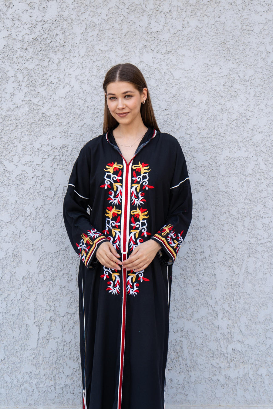 Black Hooded Kaftan Dress – Embroidered Cotton Blend Caftan for Women – Long Sleeve Maxi Dress – Boho Moroccan Style – Everyday Lounge Wear