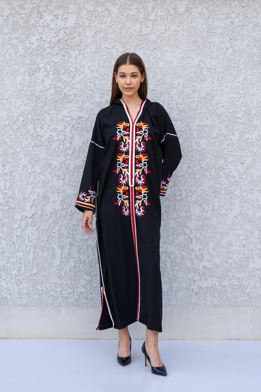 Black Hooded Kaftan Dress – Embroidered Cotton Blend Caftan for Women – Long Sleeve Maxi Dress – Boho Moroccan Style – Everyday Lounge Wear