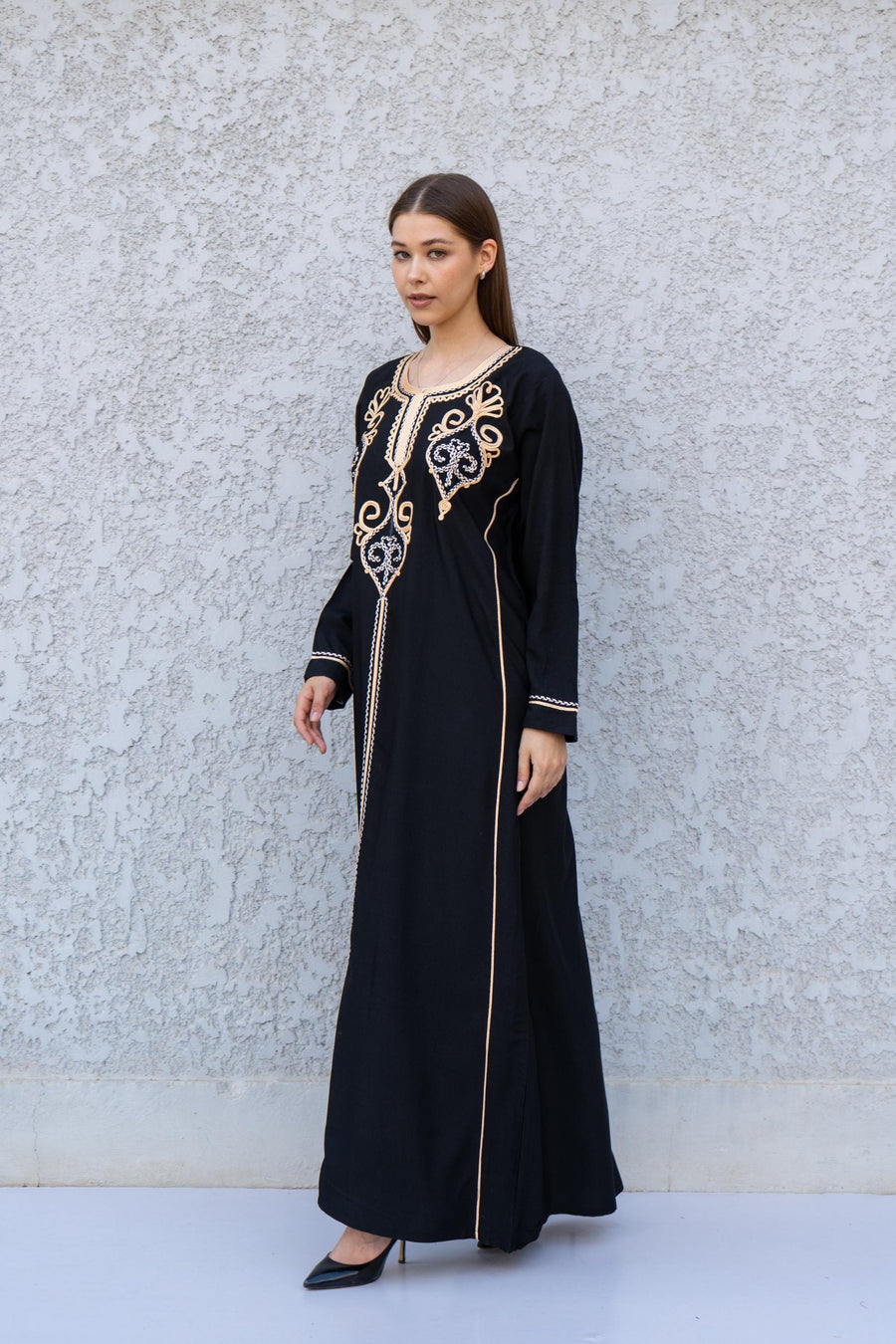 Black Kaftan Dress with Hand Embroidery – Cotton Blend Caftan for Women – Long Sleeve Maxi Dress – Elegant Boho Caftans – Moroccan Caftan