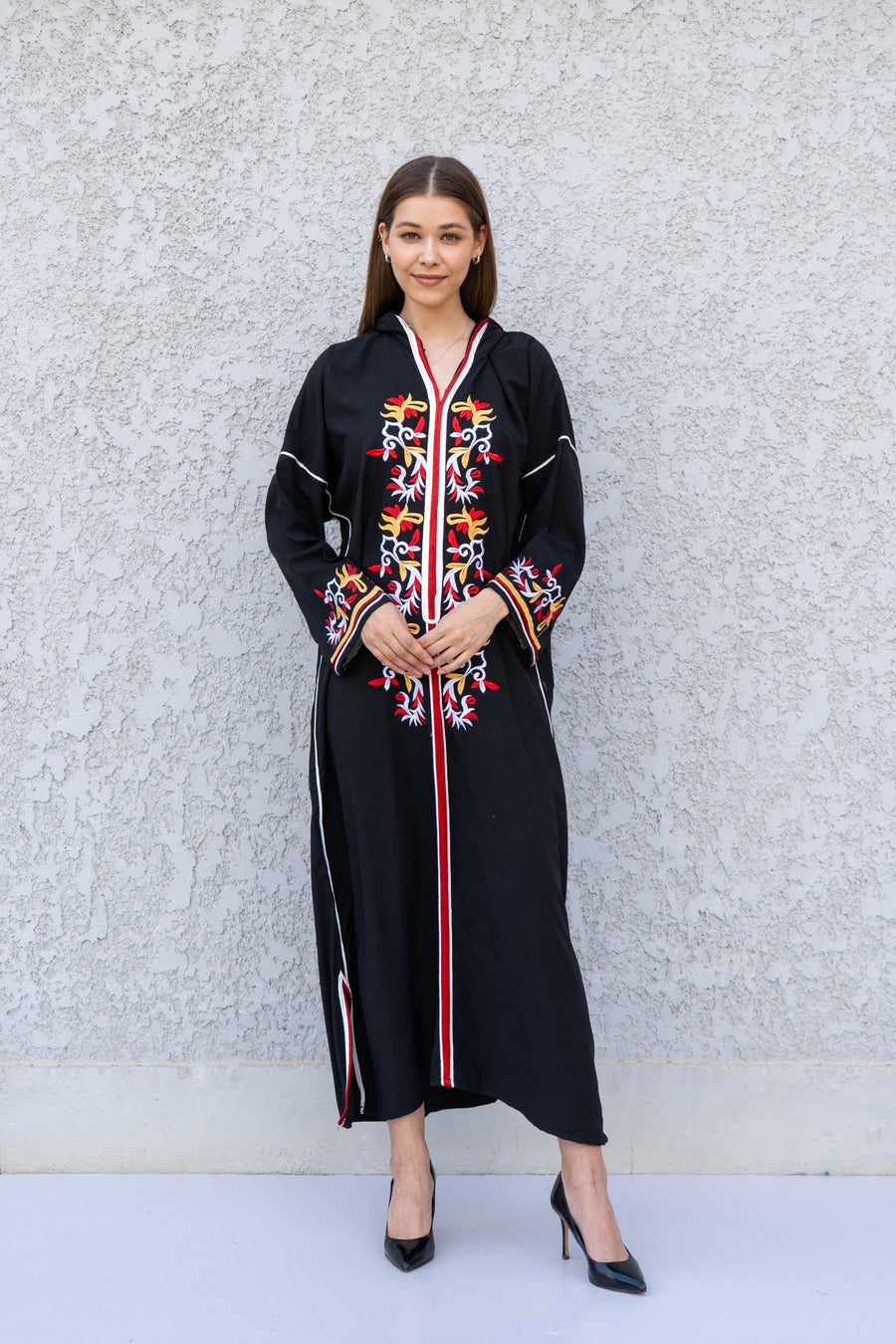 Black Hooded Kaftan Dress – Embroidered Cotton Blend Caftan for Women – Long Sleeve Maxi Dress – Boho Moroccan Style – Everyday Lounge Wear