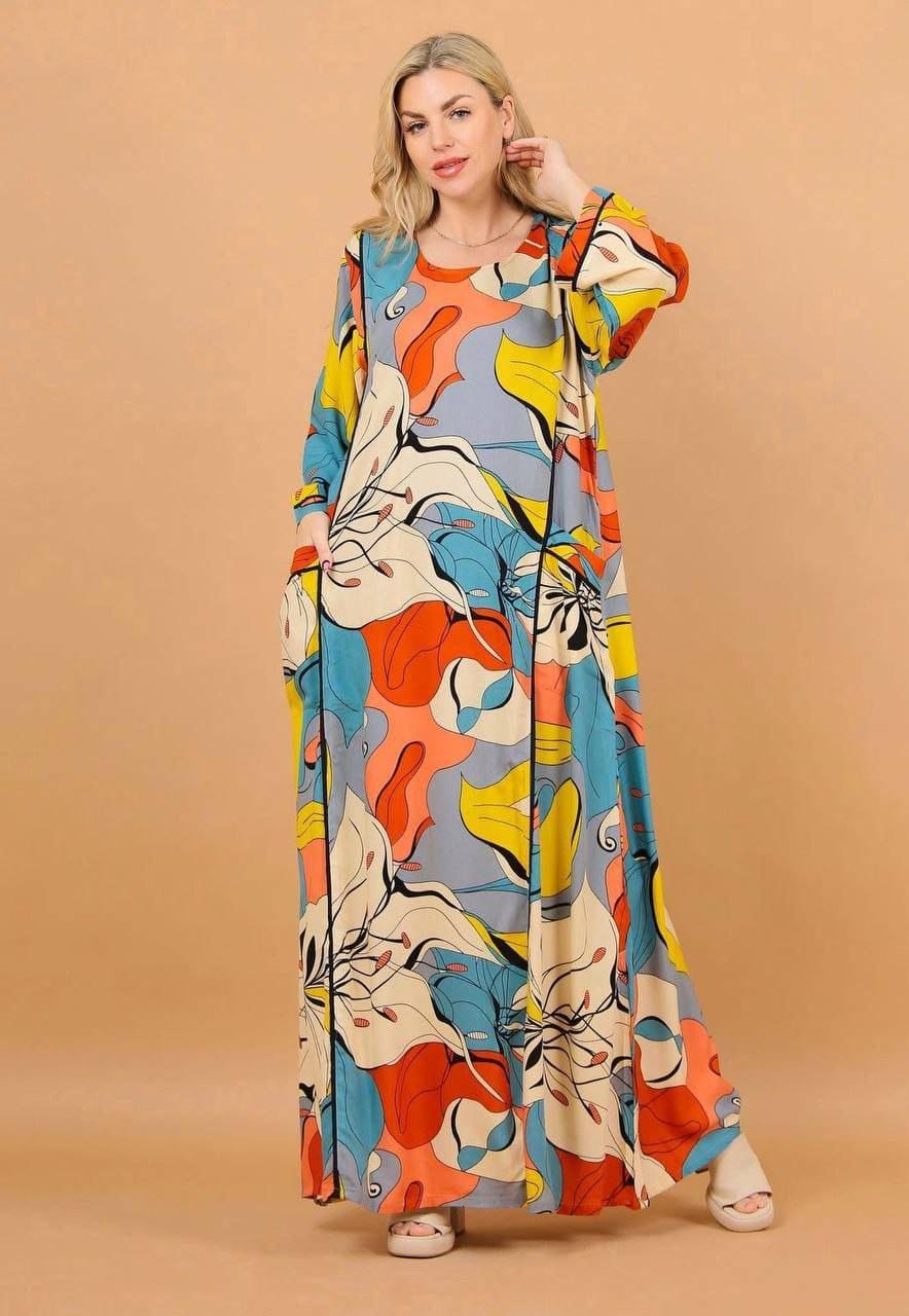 colo Viscose Kaftan Dress with Buttons – Embroidered Caftan for Women – Long Sleeve Maxi Dress – Boho Everyday Wear – Flowy Caftans