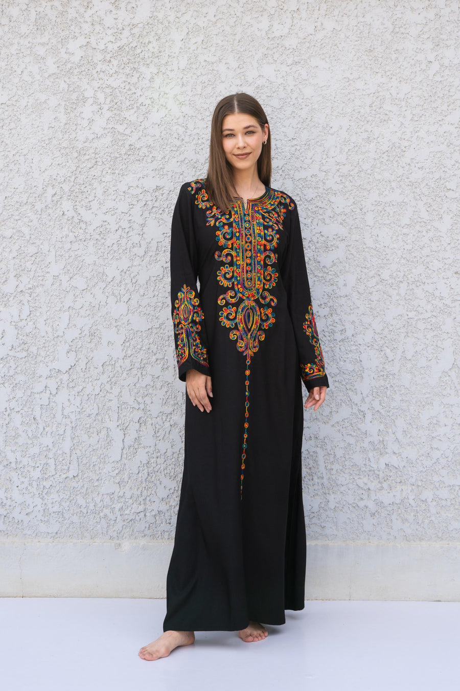 Black Embroidered Caftan Dress – Long Sleeve Caftan for Women – Boho Maxi Dress – Moroccan Style Abaya – Ethnic Caftans – Modest Lounge Wear
