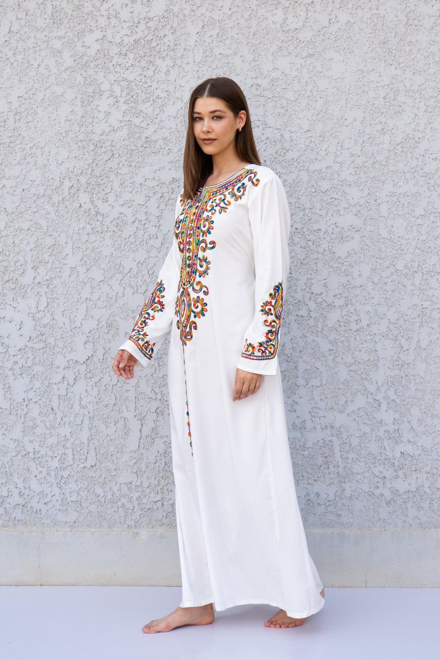 White embroidered caftan dress, embroidered Cotton caftan, Chic embroidered caftan, Egyptian cotton caftans for women