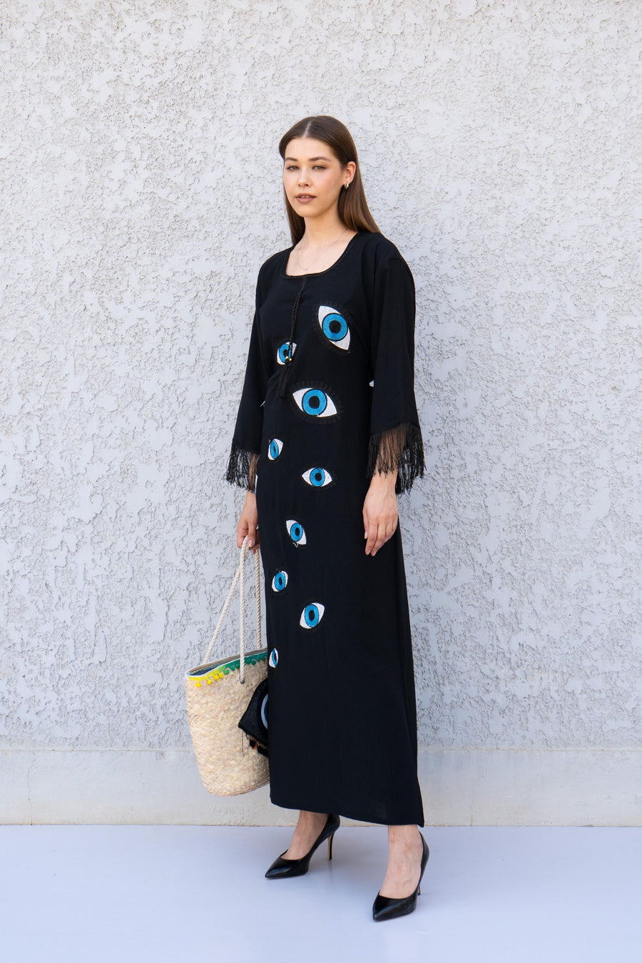 Black Evil Eye Caftan Dress – Embroidered Caftan for Women – Boho Maxi Kaftan – Evil Eye Dress – Modest Resort Wear – Caftans for women