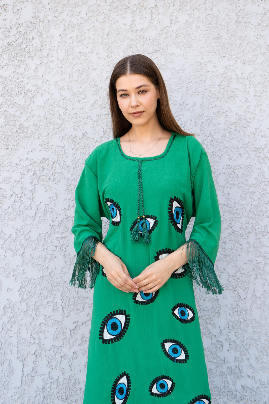 Green Evil Eye Kaftan Dress – Embroidered Caftan for Women – Boho Maxi Kaftan – Evil Eye Dress – Modest Resort Wear – Half Sleeve Caftans