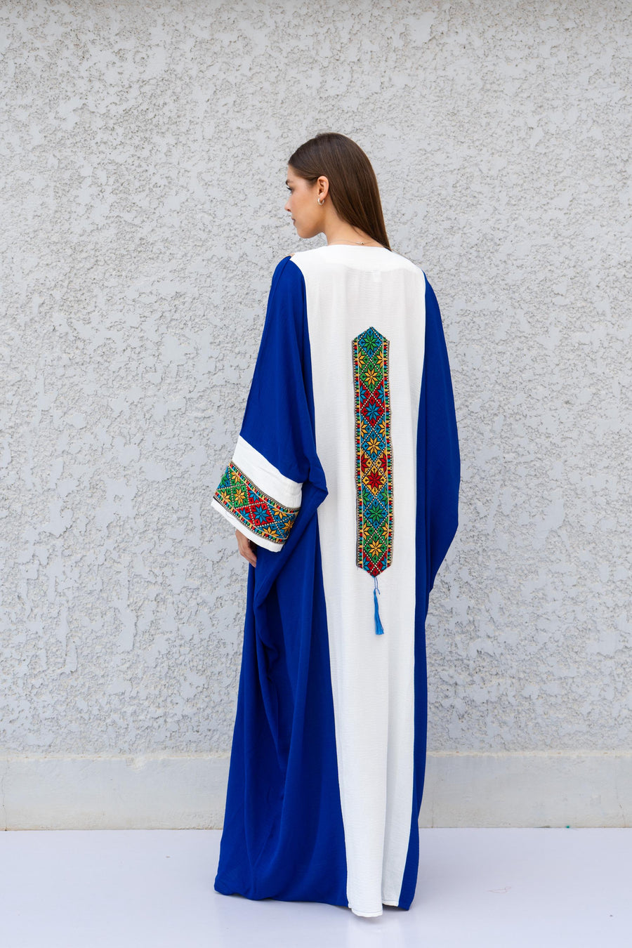 Ethnic Blue and White Embroidered Kaftan – Palestinian Style Caftan for Women – Colorful Boho Caftan Dress – Traditional Ethnic Wear Caftan