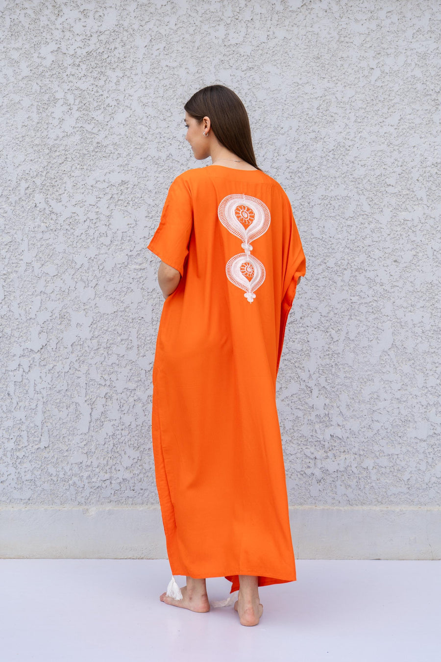 Orange Boho Caftan Dress – Moroccan Embroidered Kaftan for Women – Loose Fit Maxi Dress – Ramadan Eid Abaya – Resort Wear Loungewear