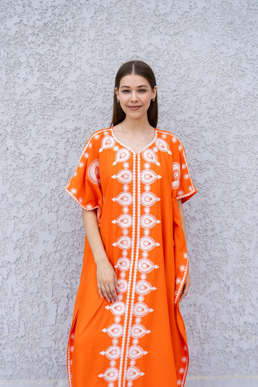 Orange Boho Caftan Dress – Moroccan Embroidered Kaftan for Women – Loose Fit Maxi Dress – Ramadan Eid Abaya – Resort Wear Loungewear