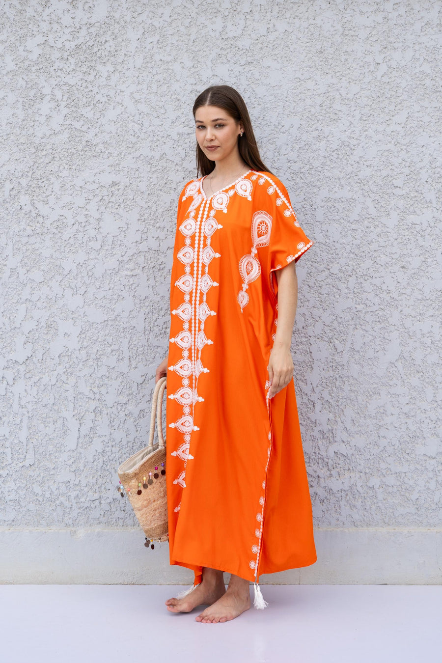 Orange Boho Caftan Dress – Moroccan Embroidered Kaftan for Women – Loose Fit Maxi Dress – Ramadan Eid Abaya – Resort Wear Loungewear