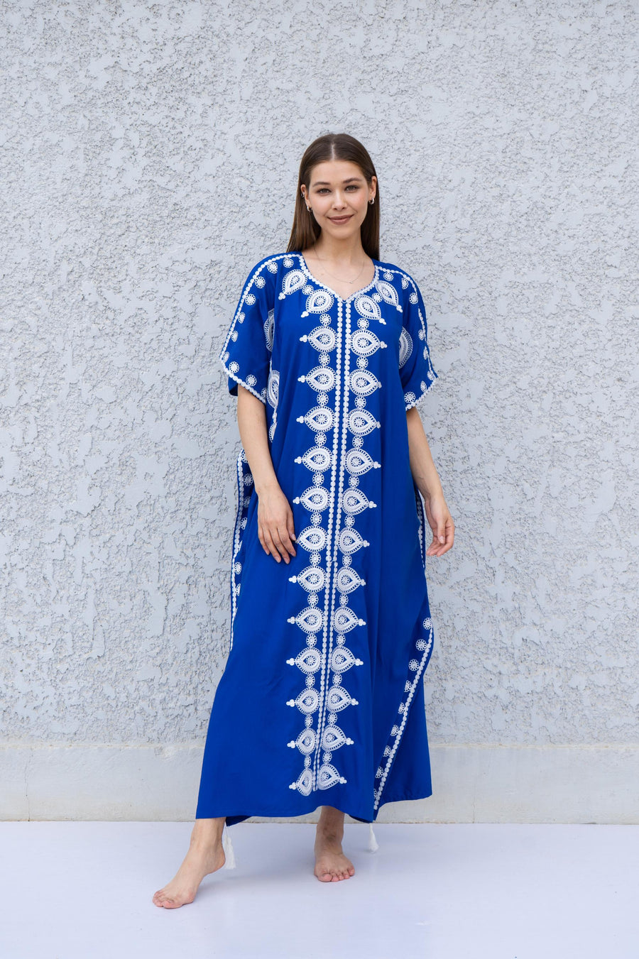 Blue Boho Caftan Dress – Moroccan Embroidered Kaftan for Women – Loose Fit Maxi Dress – Ramadan Eid Abaya – Resort Wear Loungewear