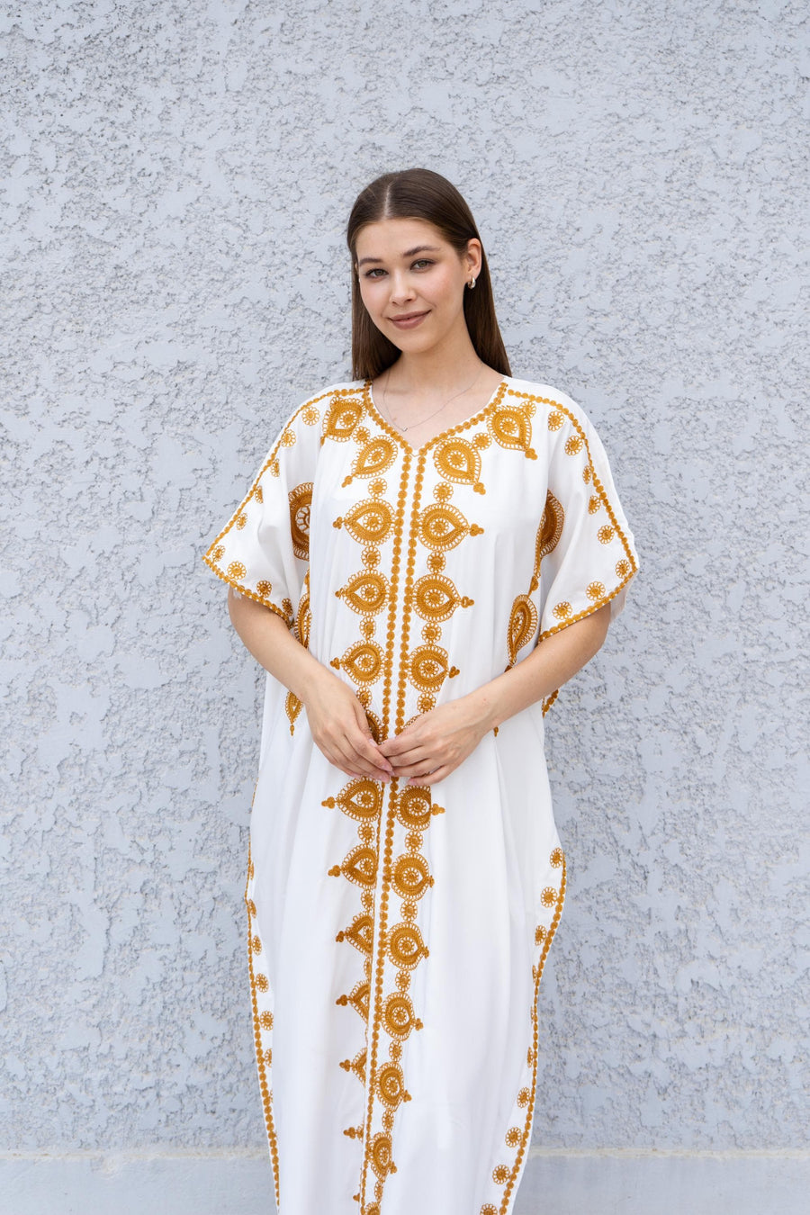 White Boho Caftan Dress – Moroccan Embroidered Kaftan for Women – Loose Fit Maxi Dress – Ramadan Eid Abaya – Resort Wear Loungewear