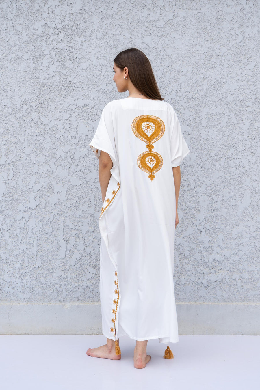 White Boho Caftan Dress – Moroccan Embroidered Kaftan for Women – Loose Fit Maxi Dress – Ramadan Eid Abaya – Resort Wear Loungewear